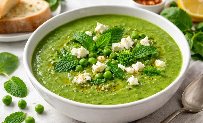 Super Green Pea, Spinach & Broccoli Soup with Mint and Feta