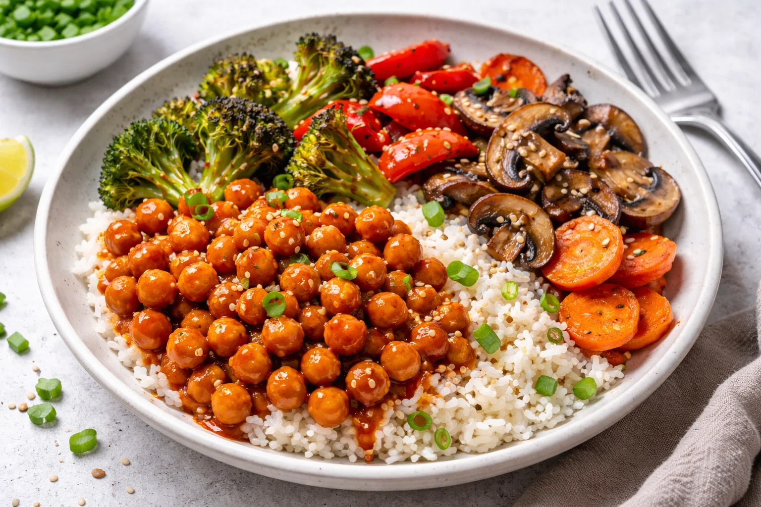 Sweet Chili Chickpea Rice Bowl with Roasted Vegetables and Mushrooms
